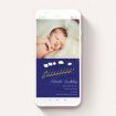 A birth announcement for whatsapp template titled "Sleepy Time". It is a smartphone screen sized announcement in a portrait orientation. It is a photographic birth announcement for whatsapp with room for 1 photo. "Sleepy Time" is available as a flat announcement, with mainly blue colouring.