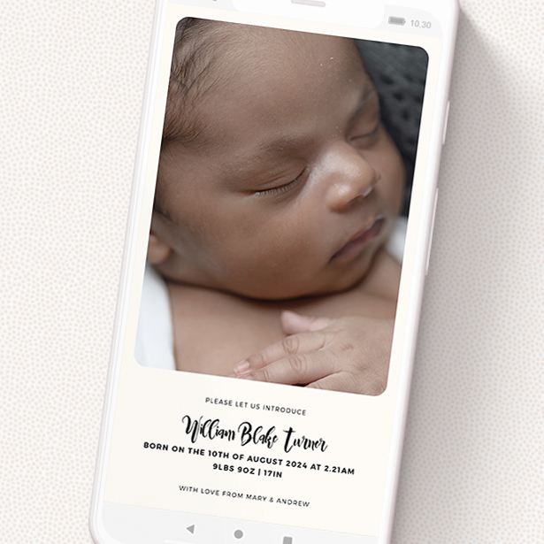 A birth announcement for whatsapp called 'Smoothed Out'. It is a smartphone screen sized announcement in a portrait orientation. It is a photographic birth announcement for whatsapp with room for 1 photo. 'Smoothed Out' is available as a flat announcement, with mainly cream colouring.