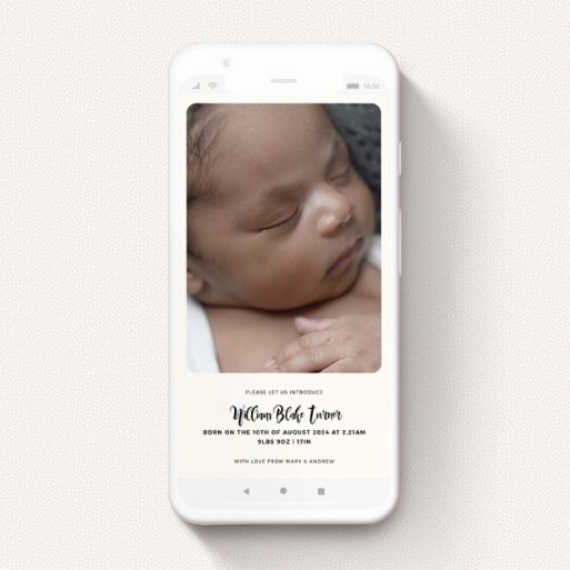 A birth announcement for whatsapp called "Smoothed Out". It is a smartphone screen sized announcement in a portrait orientation. It is a photographic birth announcement for whatsapp with room for 1 photo. "Smoothed Out" is available as a flat announcement, with mainly cream colouring.