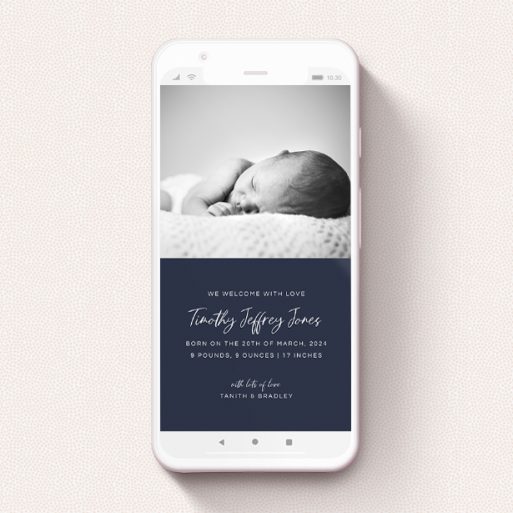 A birth announcement for whatsapp template titled "Some news!". It is a smartphone screen sized announcement in a portrait orientation. It is a photographic birth announcement for whatsapp with room for 2 photos. "Some news!" is available as a flat announcement, with tones of blue and white.