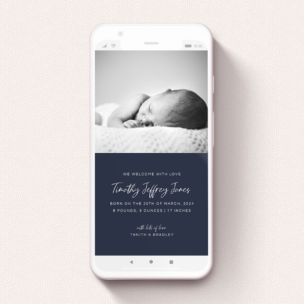 A birth announcement for whatsapp template titled "Some news!". It is a smartphone screen sized announcement in a portrait orientation. It is a photographic birth announcement for whatsapp with room for 2 photos. "Some news!" is available as a flat announcement, with tones of blue and white.