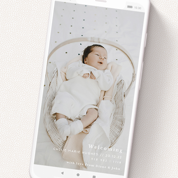 A birth announcement for whatsapp template titled 'Southbank'. It is a smartphone screen sized announcement in a portrait orientation. It is a photographic birth announcement for whatsapp with room for 1 photo. 'Southbank' is available as a flat announcement, with mainly white colouring.