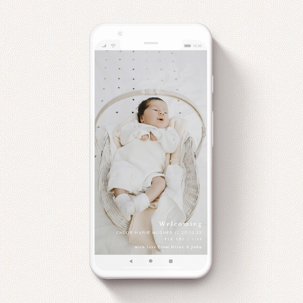 A birth announcement for whatsapp template titled "Southbank". It is a smartphone screen sized announcement in a portrait orientation. It is a photographic birth announcement for whatsapp with room for 1 photo. "Southbank" is available as a flat announcement, with mainly white colouring.