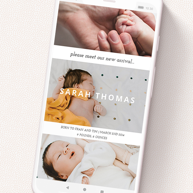 A birth announcement for whatsapp design called 'Stacked Frames'. It is a smartphone screen sized announcement in a portrait orientation. It is a photographic birth announcement for whatsapp with room for 3 photos. 'Stacked Frames' is available as a flat announcement, with mainly white colouring.