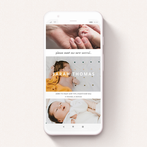 A birth announcement for whatsapp design called "Stacked Frames". It is a smartphone screen sized announcement in a portrait orientation. It is a photographic birth announcement for whatsapp with room for 3 photos. "Stacked Frames" is available as a flat announcement, with mainly white colouring.