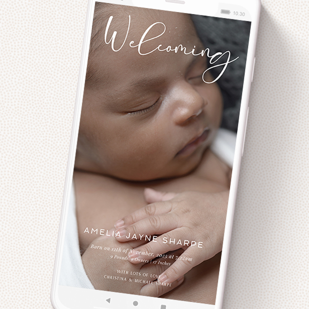 A birth announcement for whatsapp template titled 'The Royal Mile'. It is a smartphone screen sized announcement in a portrait orientation. It is a photographic birth announcement for whatsapp with room for 1 photo. 'The Royal Mile' is available as a flat announcement, with mainly white colouring.