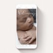 A birth announcement for whatsapp template titled "The Royal Mile". It is a smartphone screen sized announcement in a portrait orientation. It is a photographic birth announcement for whatsapp with room for 1 photo. "The Royal Mile" is available as a flat announcement, with mainly white colouring.