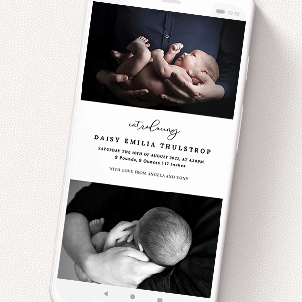 A birth announcement for whatsapp named 'Two Thirds Photo'. It is a smartphone screen sized announcement in a portrait orientation. It is a photographic birth announcement for whatsapp with room for 2 photos. 'Two Thirds Photo' is available as a flat announcement, with tones of black and white.