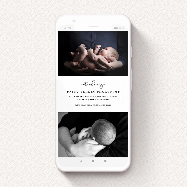 A birth announcement for whatsapp named "Two Thirds Photo". It is a smartphone screen sized announcement in a portrait orientation. It is a photographic birth announcement for whatsapp with room for 2 photos. "Two Thirds Photo" is available as a flat announcement, with tones of black and white.