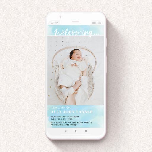 A birth announcement for whatsapp design named "Watercolour Welcome Blue". It is a smartphone screen sized announcement in a portrait orientation. It is a photographic birth announcement for whatsapp with room for 1 photo. "Watercolour Welcome Blue" is available as a flat announcement, with tones of blue and white.