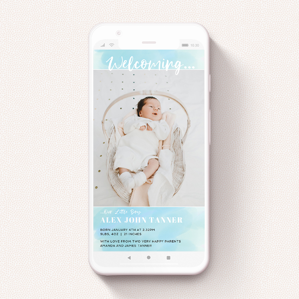 A birth announcement for whatsapp design named "Watercolour Welcome Blue". It is a smartphone screen sized announcement in a portrait orientation. It is a photographic birth announcement for whatsapp with room for 1 photo. "Watercolour Welcome Blue" is available as a flat announcement, with tones of blue and white.