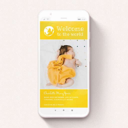 A birth announcement for whatsapp template titled "Welcome to the World". It is a smartphone screen sized announcement in a portrait orientation. It is a photographic birth announcement for whatsapp with room for 1 photo. "Welcome to the World" is available as a flat announcement, with tones of yellow and white.