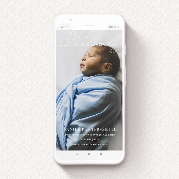 A birth announcement for whatsapp design named "Westminster". It is a smartphone screen sized announcement in a portrait orientation. It is a photographic birth announcement for whatsapp with room for 1 photo. "Westminster" is available as a flat announcement, with mainly white colouring.
