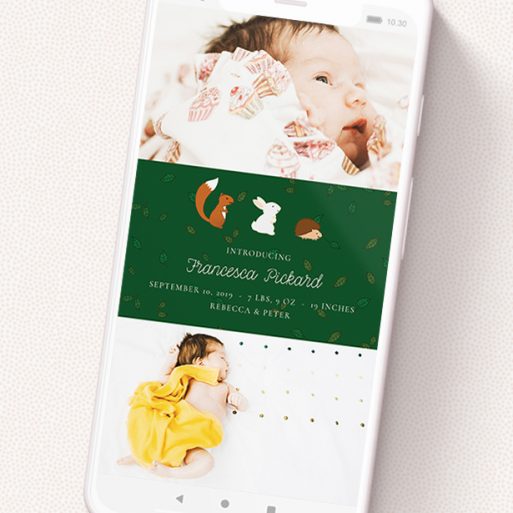 A birth announcement for whatsapp named 'Woodland Chums'. It is a smartphone screen sized announcement in a portrait orientation. It is a photographic birth announcement for whatsapp with room for 3 photos. 'Woodland Chums' is available as a flat announcement, with tones of green, orange and brown.