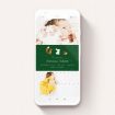 A birth announcement for whatsapp named "Woodland Chums". It is a smartphone screen sized announcement in a portrait orientation. It is a photographic birth announcement for whatsapp with room for 3 photos. "Woodland Chums" is available as a flat announcement, with tones of green, orange and brown.
