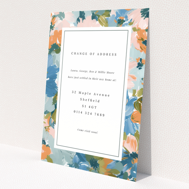 Floral change of address card with one photo and colourful border design