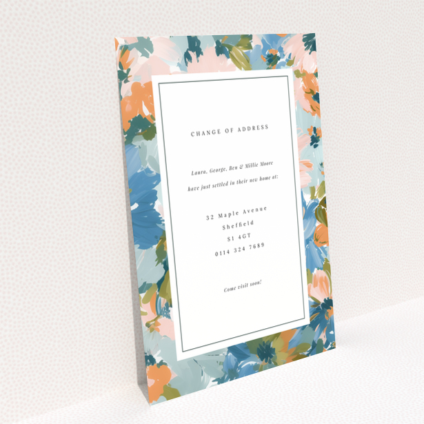 Floral change of address card with one photo and colourful border design