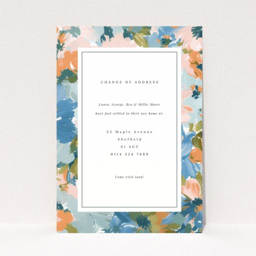 Floral change of address card with one photo and colourful border design