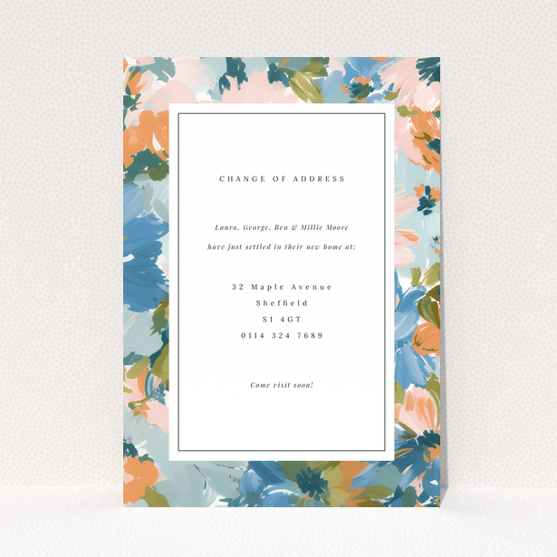 Floral change of address card with one photo and colourful border design