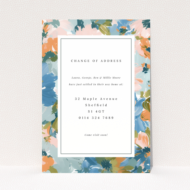 Floral change of address card with one photo and colourful border design