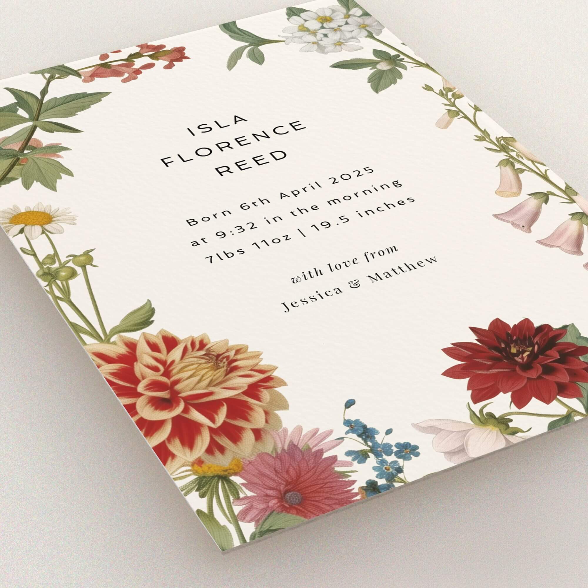 Floral birth announcement card design with no photos