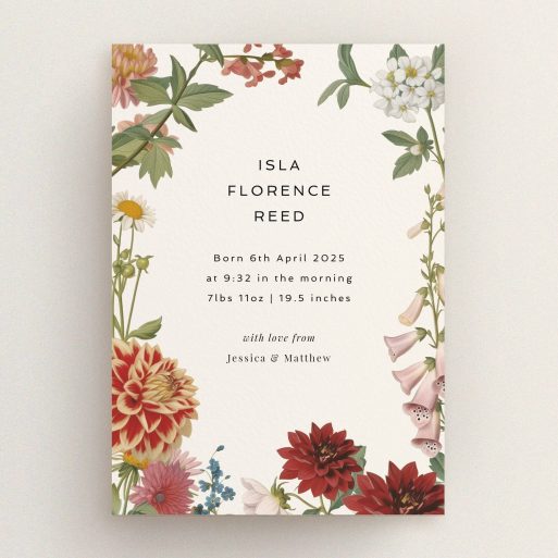 Floral birth announcement card design with no photos