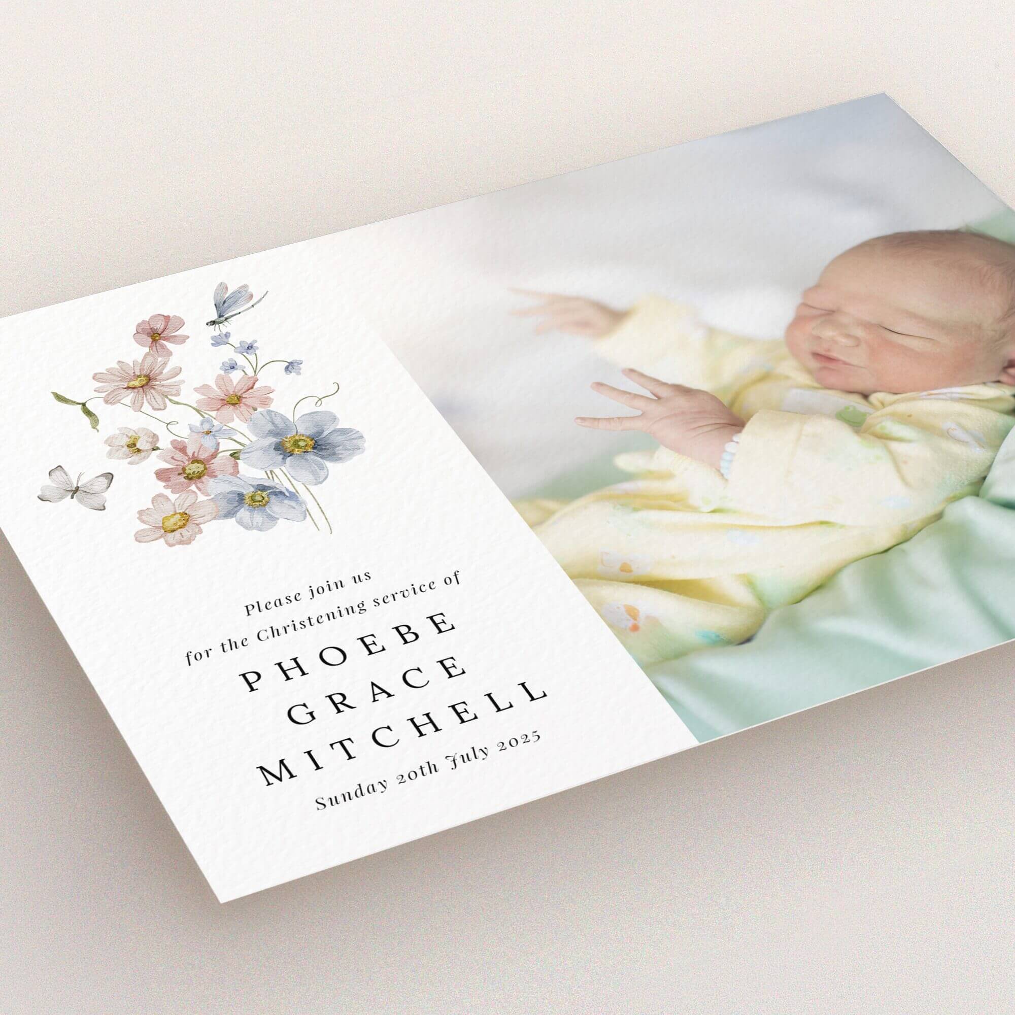 Floral christening invitation design with one baby photo on the right