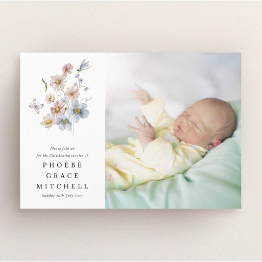Floral Christening Invitation Floral christening invitation design with one baby photo on the right