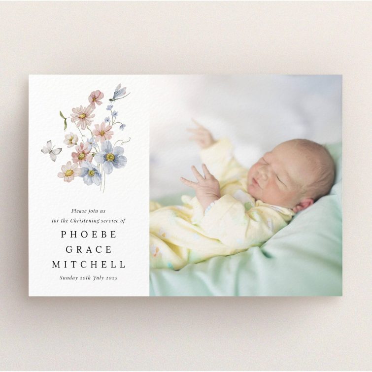 Floral christening invitation design with one baby photo on the right