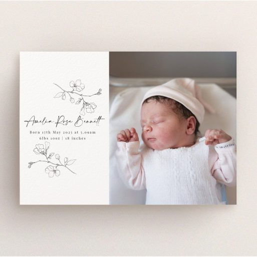Elegant birth announcement card design with floral illustrations and one photo of a newborn baby.