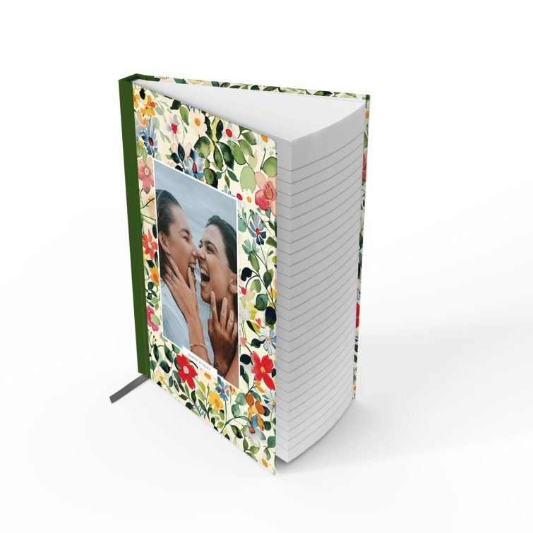 Floral design notebook cover with two photos, featuring colourful flowers for personalised printing by Utterly Printable.