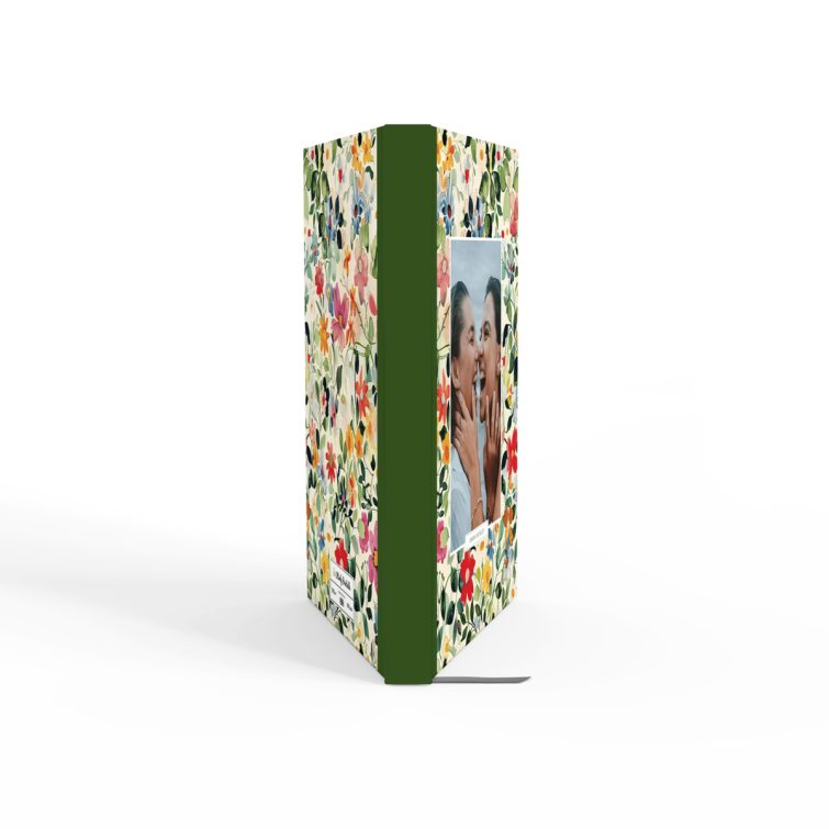 Floral design notebook cover with two photos, featuring colourful flowers for personalised printing by Utterly Printable.