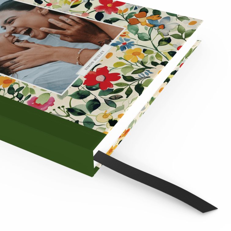 Floral design notebook cover with two photos, featuring colourful flowers for personalised printing by Utterly Printable.