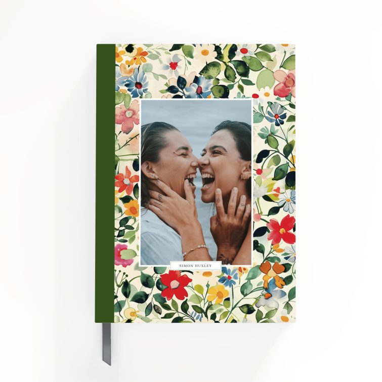 Floral design notebook cover with two photos, featuring colourful flowers for personalised printing by Utterly Printable.