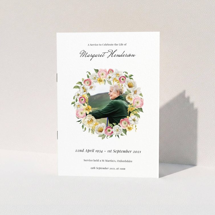 Floral funeral order of service program design with one photo on cover.