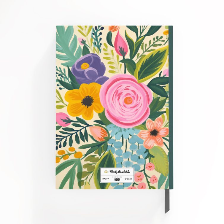 Floral portrait notebook cover design with one photo, featuring vibrant botanical illustrations from Utterly Printable.