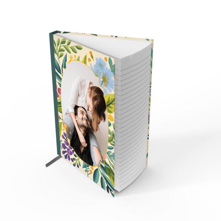 Floral portrait notebook cover design with one photo, featuring vibrant botanical illustrations from Utterly Printable.