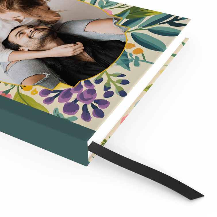 Floral portrait notebook cover design with one photo, featuring vibrant botanical illustrations from Utterly Printable.