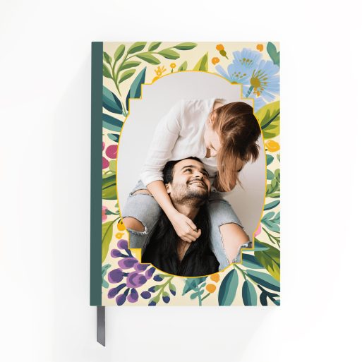 Floral portrait notebook cover design with one photo, featuring vibrant botanical illustrations from Utterly Printable.