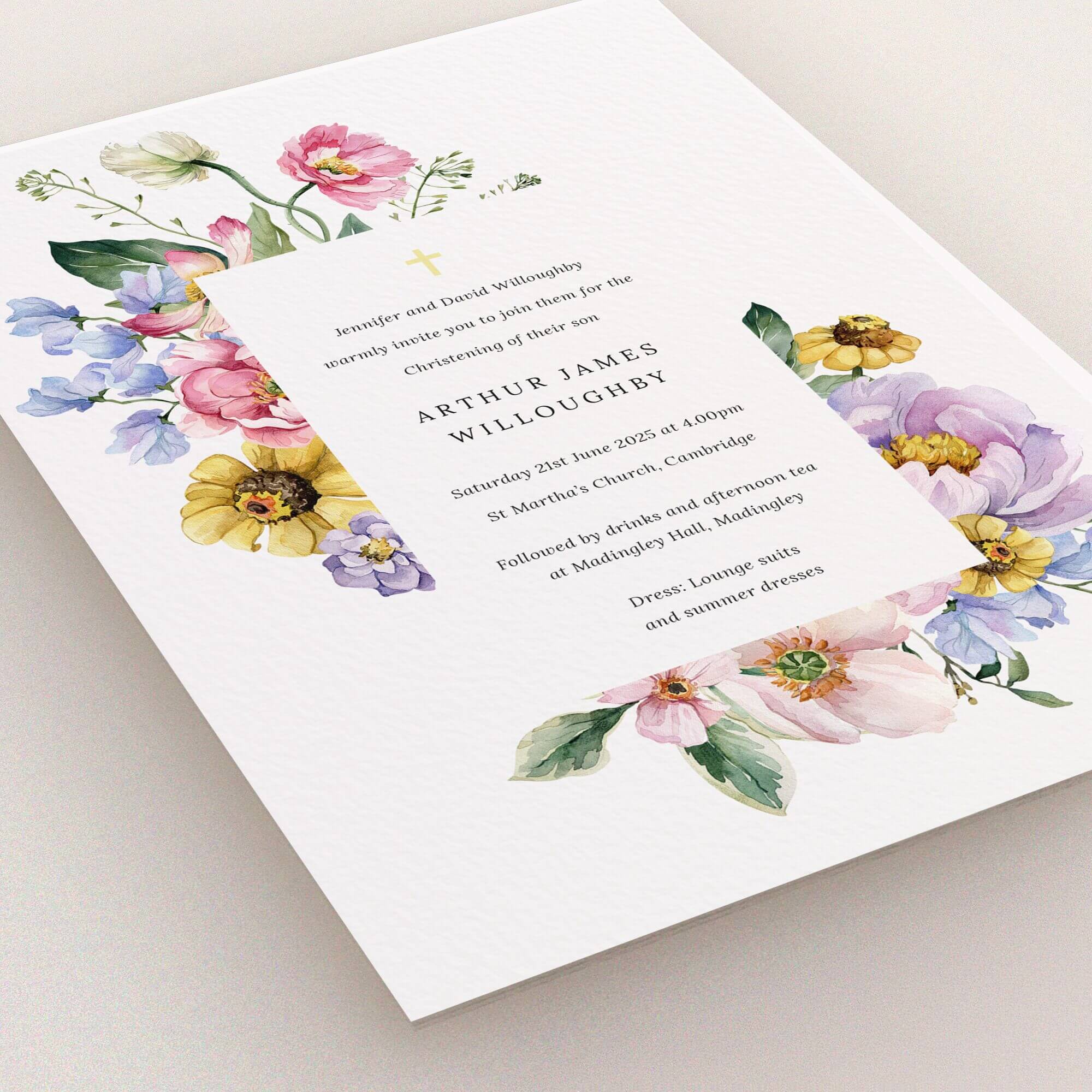 Floral christening invitation design with one photo placeholder