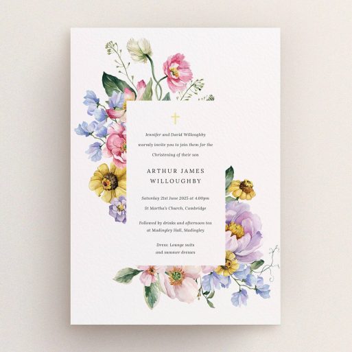 Floral Christening Invitation Floral christening invitation design with one photo placeholder