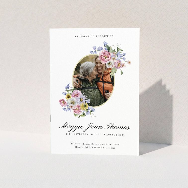 Floral-themed funeral order of service program with one photo, personalised design by Utterly Printable.