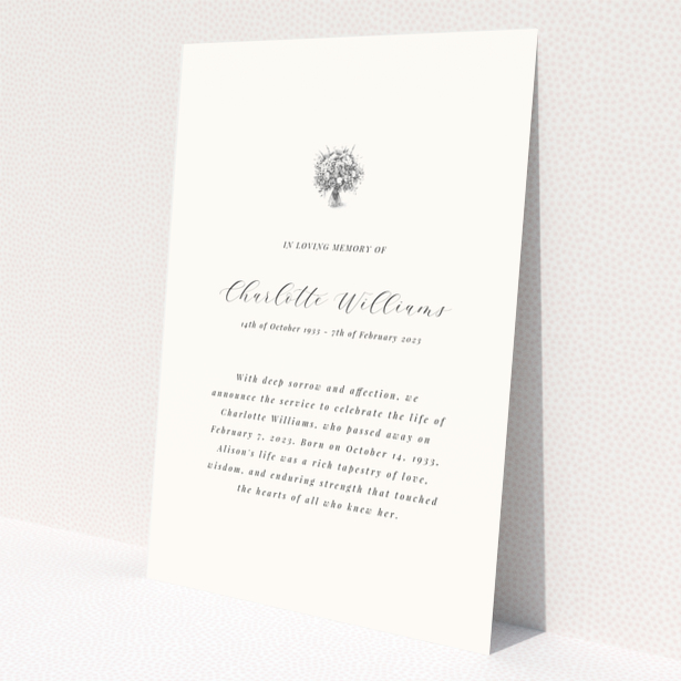 Funeral announcement card design with elegant script and floral illustration, 0 photos.