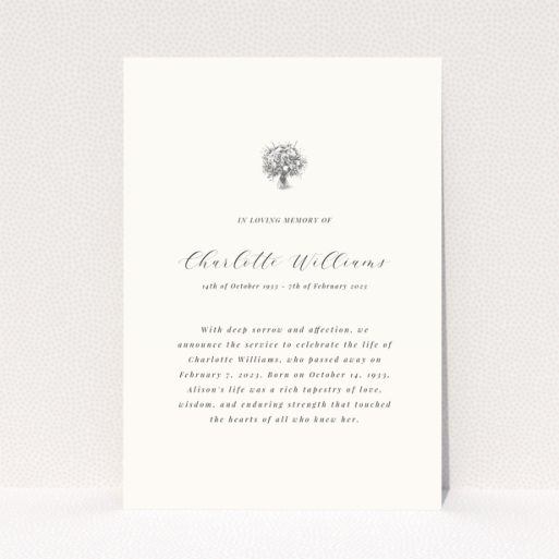 Funeral announcement card design with elegant script and floral illustration, 0 photos.