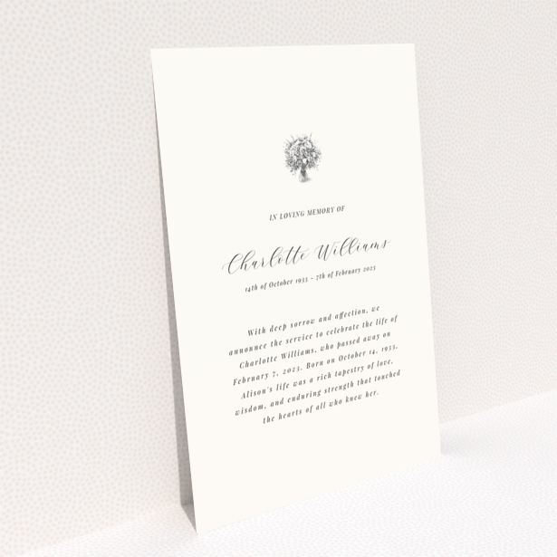 Funeral announcement card design with elegant script and floral illustration, 0 photos.
