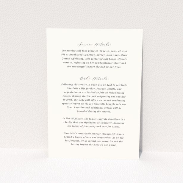 Funeral announcement card design with elegant script and floral illustration, 0 photos.