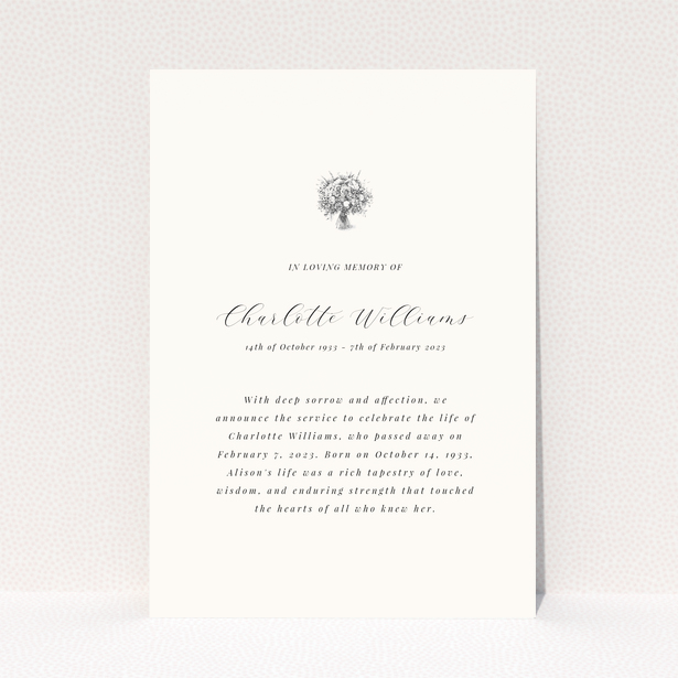 Funeral announcement card design with elegant script and floral illustration, 0 photos.