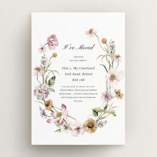 Floral change address card Floral change of address card design with two flower illustrations, perfect for announcing a new home in the UK.