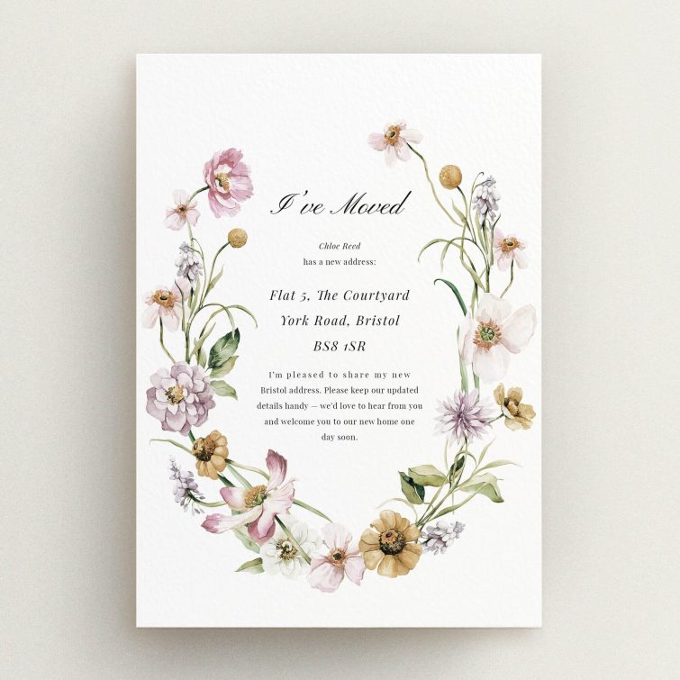 Floral change of address card design with two flower illustrations, perfect for announcing a new home in the UK.