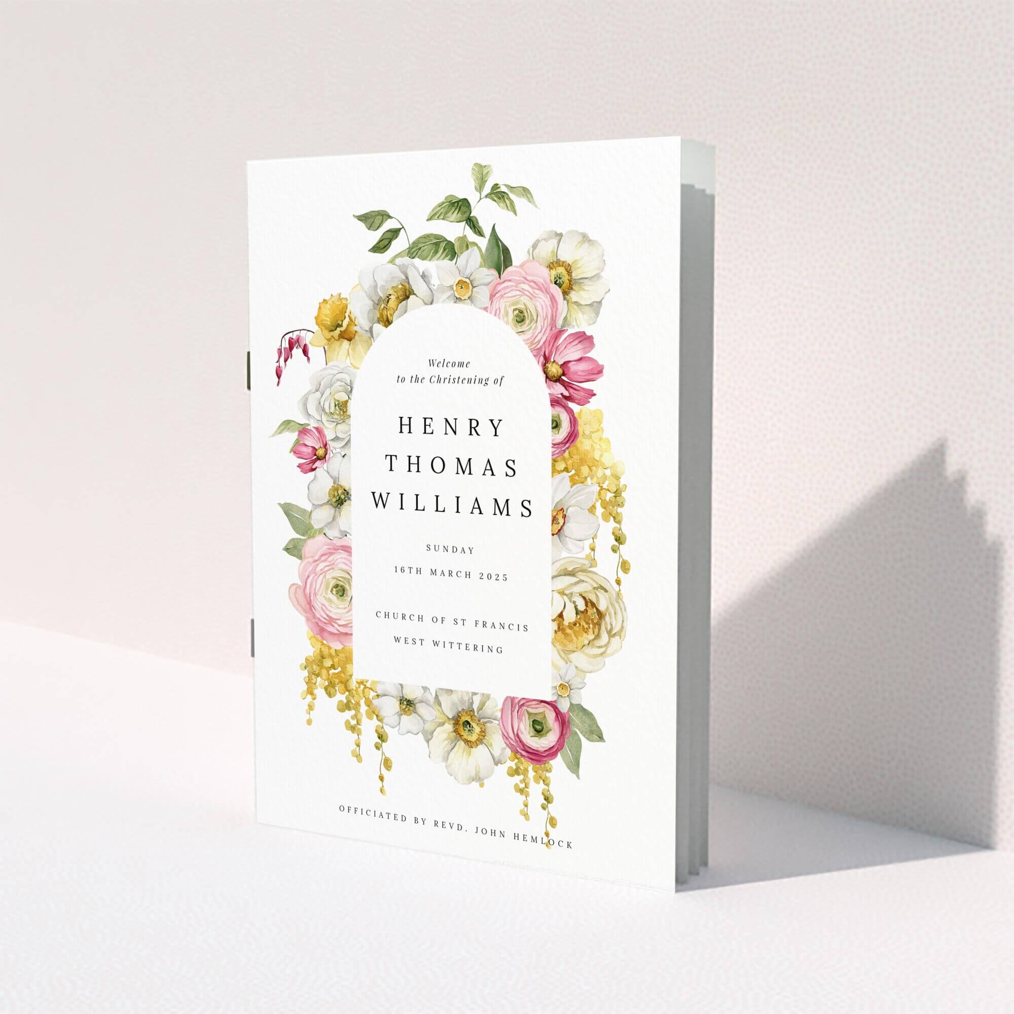 Floral Christening Program Floral christening order of service program design with one photo placeholder